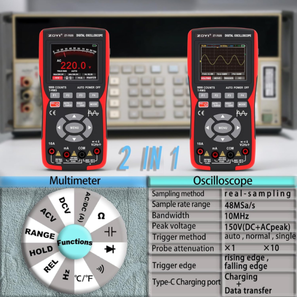 Original ZOYI ZT-702S Oscilloscope Multimeter – 10MHz Bandwidth, 48MSa/s Sampling Rate, Auto Calibration